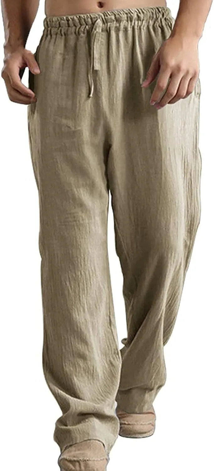 Men's Summer Pants Drawstring Waist Plain Casual Pants Lightweight Vacation Beach Slacks Plus Size Baggy Trousers