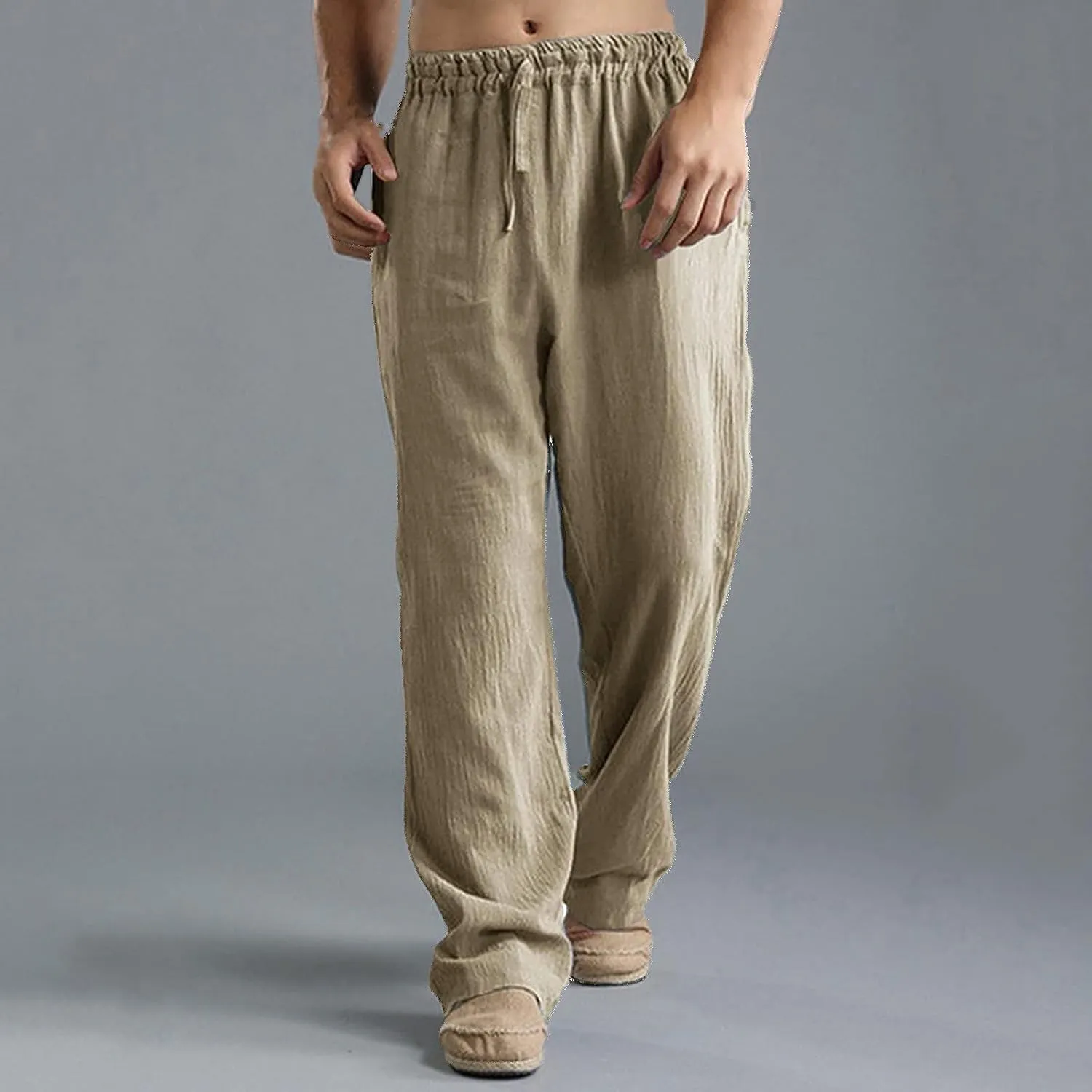 Men's Summer Pants Drawstring Waist Plain Casual Pants Lightweight Vacation Beach Slacks Plus Size Baggy Trousers