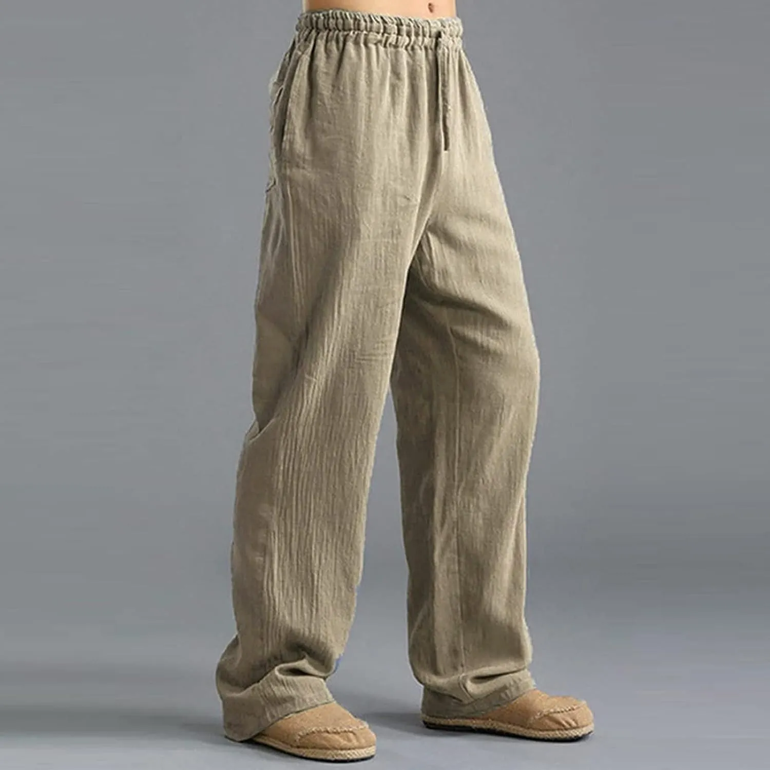 Men's Summer Pants Drawstring Waist Plain Casual Pants Lightweight Vacation Beach Slacks Plus Size Baggy Trousers