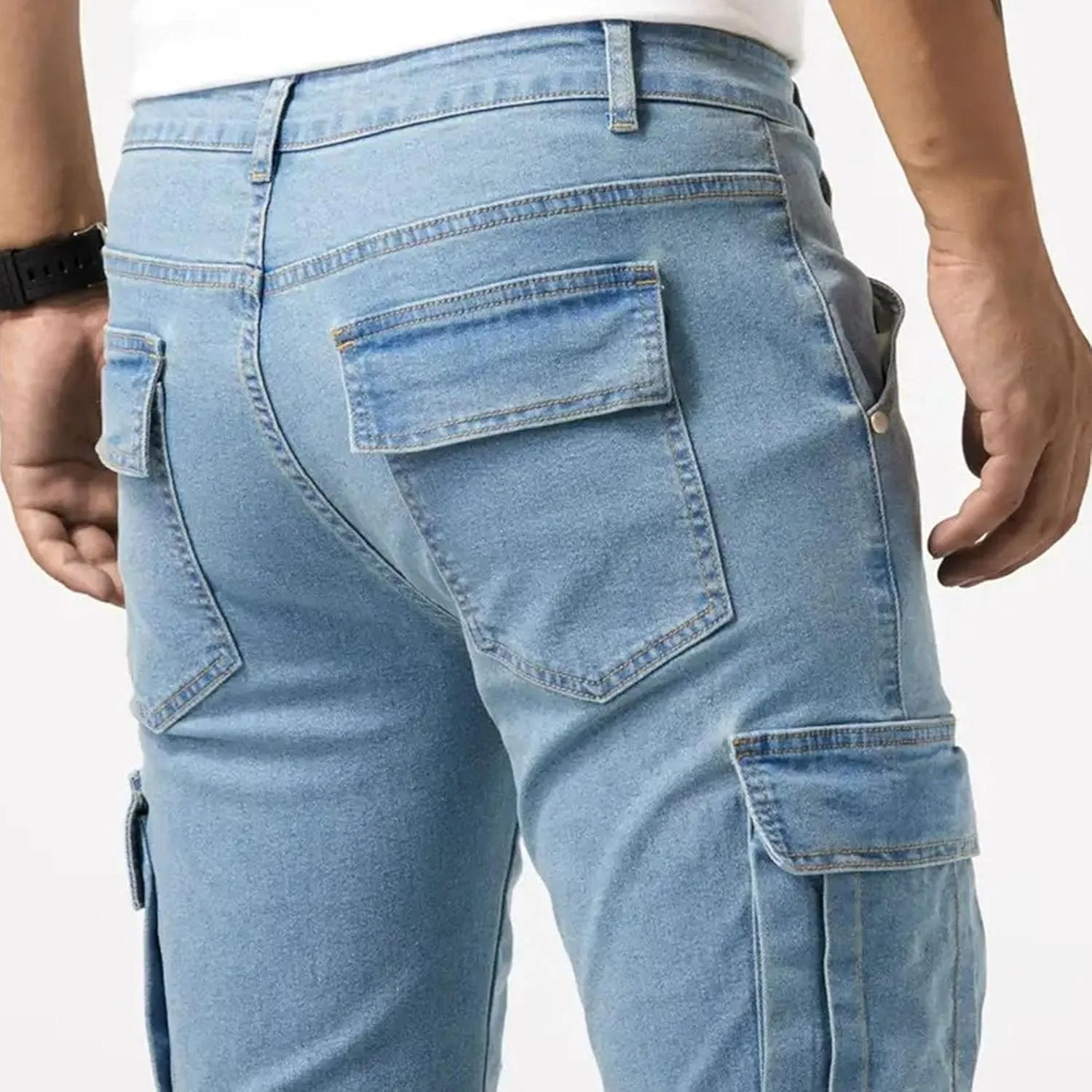 Men's Tapered Leg Cargo Jogger Jeans Slim Fit Stretch Skinny Biker Jeans Casual Fashion Hip Hop Denim Pants