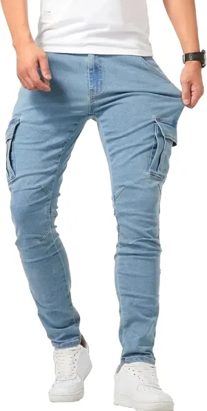 Men's Tapered Leg Cargo Jogger Jeans Slim Fit Stretch Skinny Biker Jeans Casual Fashion Hip Hop Denim Pants
