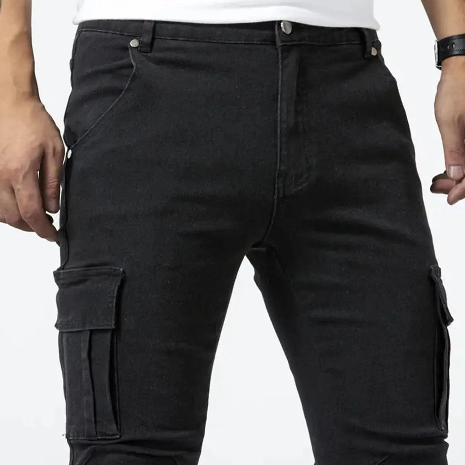 Men's Tapered Leg Cargo Jogger Jeans Slim Fit Stretch Skinny Biker Jeans Casual Fashion Hip Hop Denim Pants