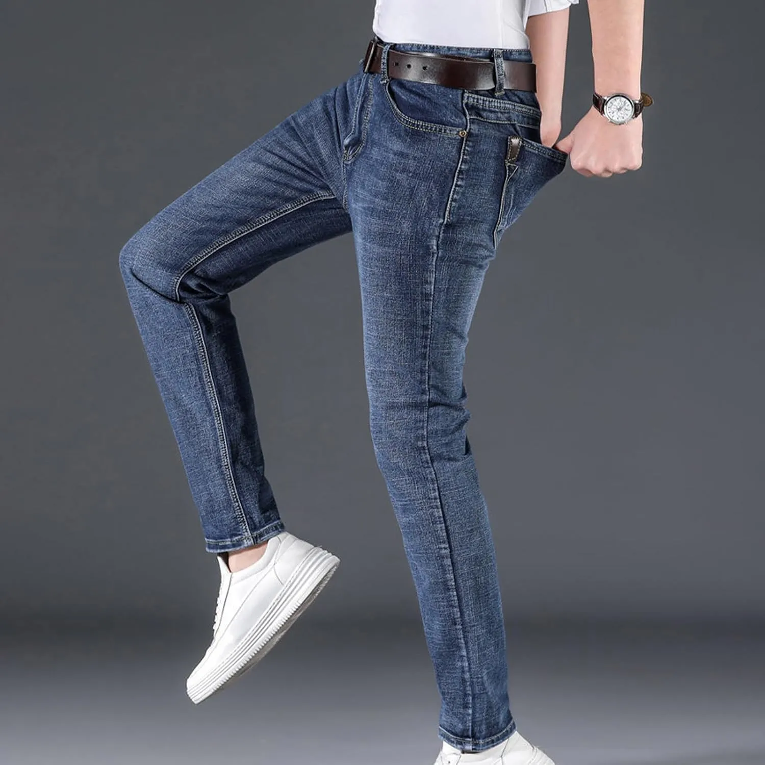 Men's Wild Denim Jeans Pants, Vintage Washed Slim Fit Jeans, Stretch Skinny Daily Work Pants, Trend Trousers for Men