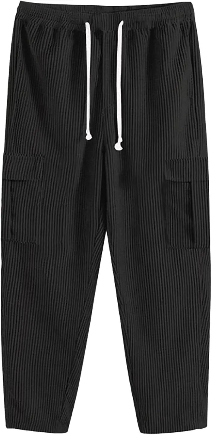 Mens Workout Cargo Sweatpants Elastic Waist Drawstring Athletic Trousers Casual Baggy Jogger Pants with Pockets Mens