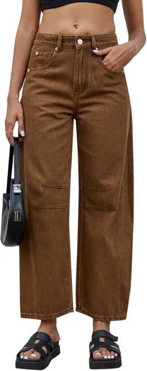 Mid Rise Barrel Jeans for Women Wide Leg Mid Waist Cropped Denim Pants Y2k Baggy Boyfriend Jeans with Pockets