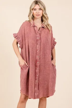 Mineral Wash Cotton Gauze Mini Shirt Dress in Rust