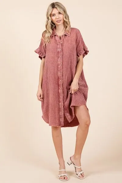 Mineral Wash Cotton Gauze Mini Shirt Dress in Rust