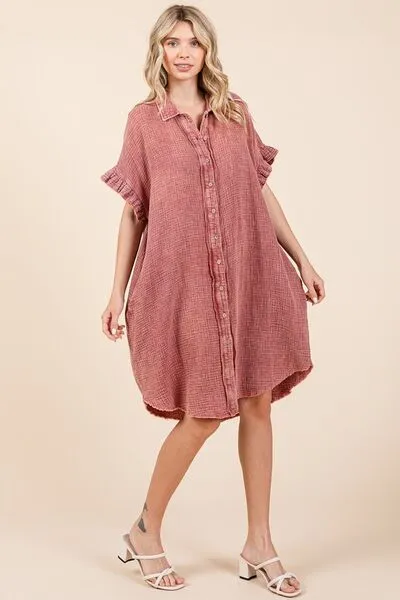 Mineral Wash Cotton Gauze Mini Shirt Dress in Rust