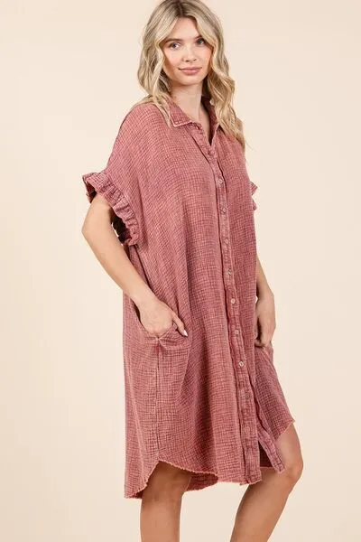 Mineral Wash Cotton Gauze Mini Shirt Dress in Rust