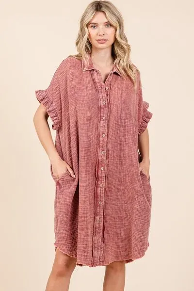 Mineral Wash Cotton Gauze Mini Shirt Dress in Rust