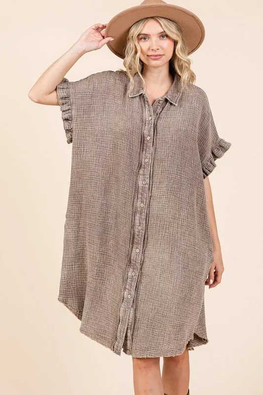 Mittoshop Mineral Wash Cotton Gauze Mini Womens Shirt Dress