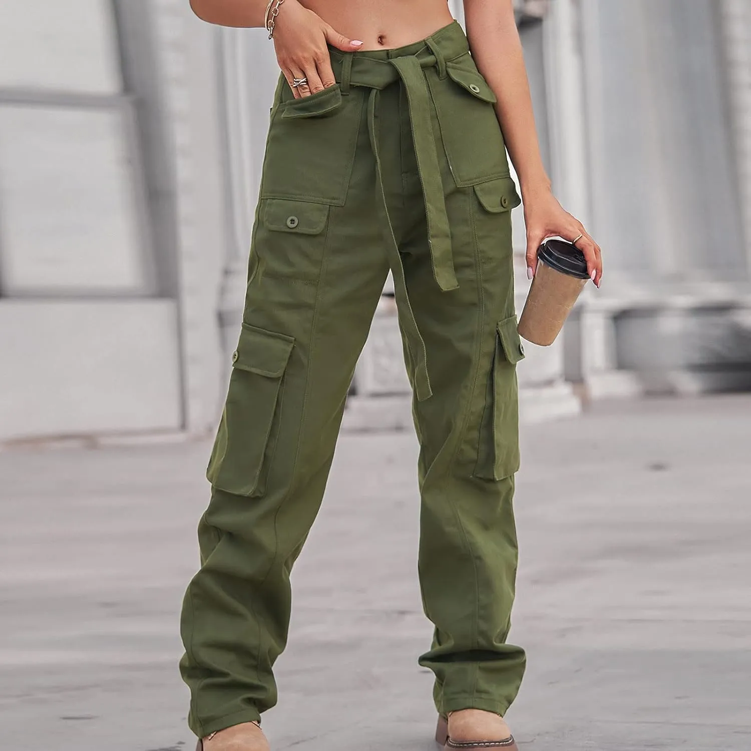 Outdoor Cargo Jeans Women's Relax Fit Casual Straight Leg Cargo Pants High Waisted Military Pockets Work Trouser