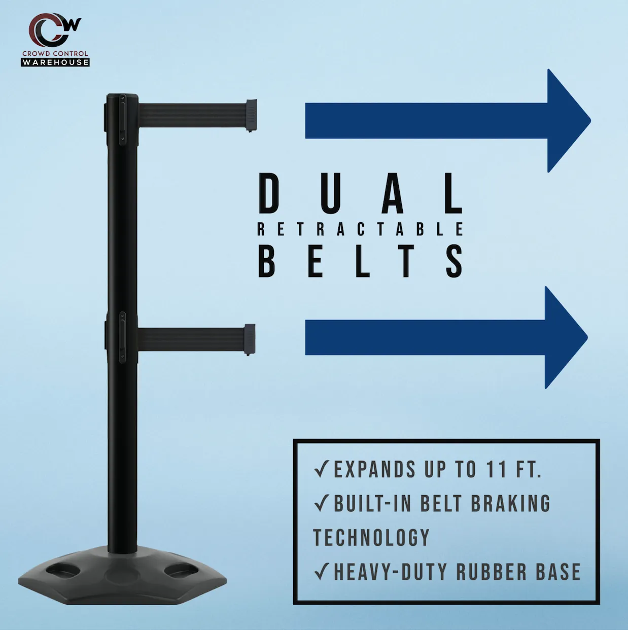 Outdoor Safety Retractable Dual Belt Barrier, Rubber Base, Black Post - Montour Line MSR630D