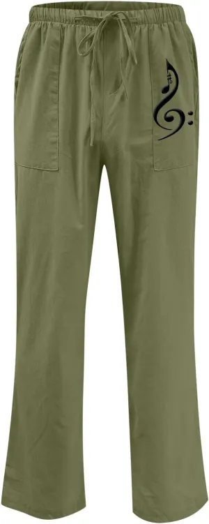Pants for Men Cotton Linen Print Drawstring Pants Casual Loose Elastic Waist Solid Trousers Utility Straight Legs