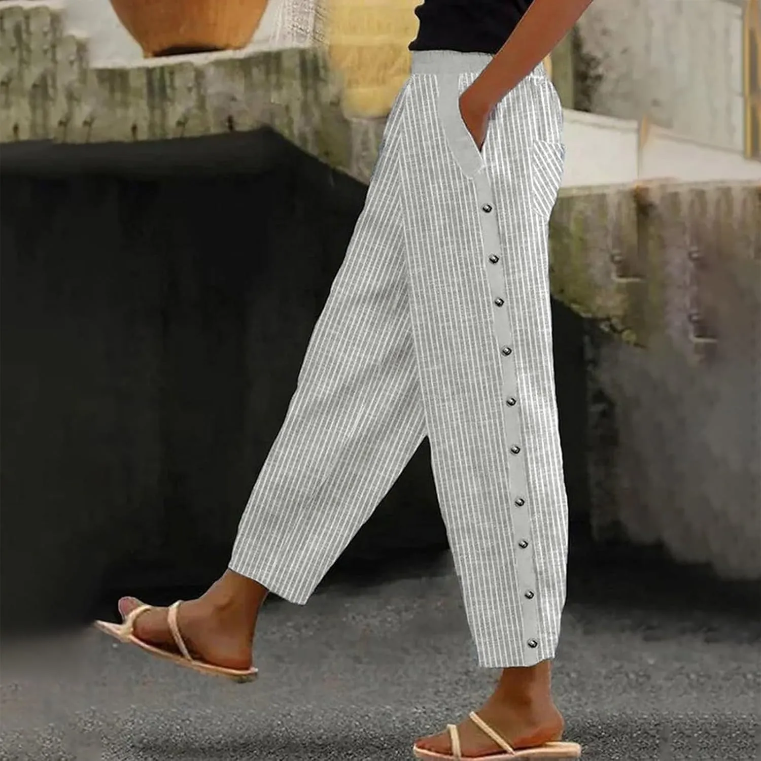 Petite Linen Pants for Women Summer Casual Beach Solid Color Plus Size High Waisted Linen Pants Plus Size Lounge Trousers