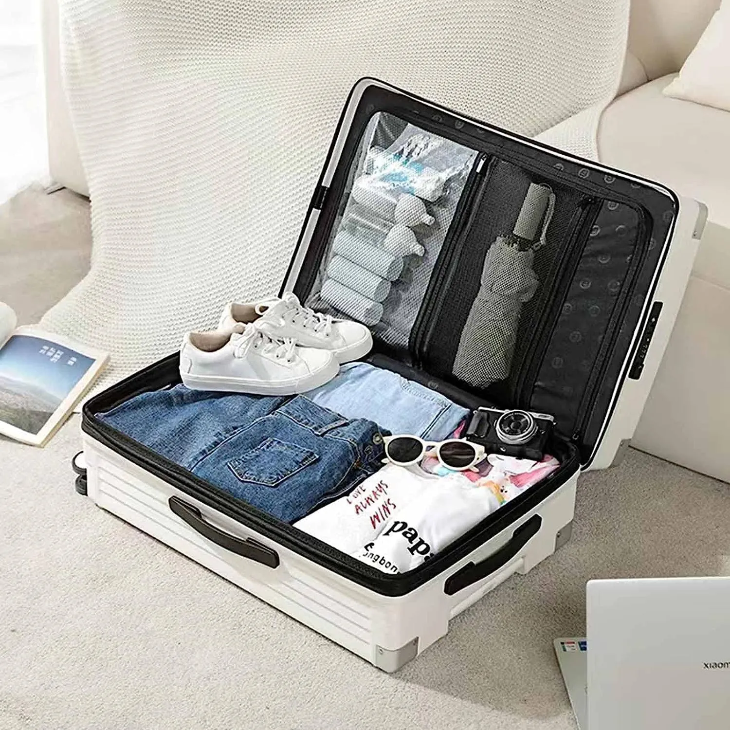 Portable Suitcase Expandable Carry On Luggage Suitcases with Wheels with USB Port and Cup Holder Design TSA Customs Lock Luggage (Green 60 * 42 * 28CM)