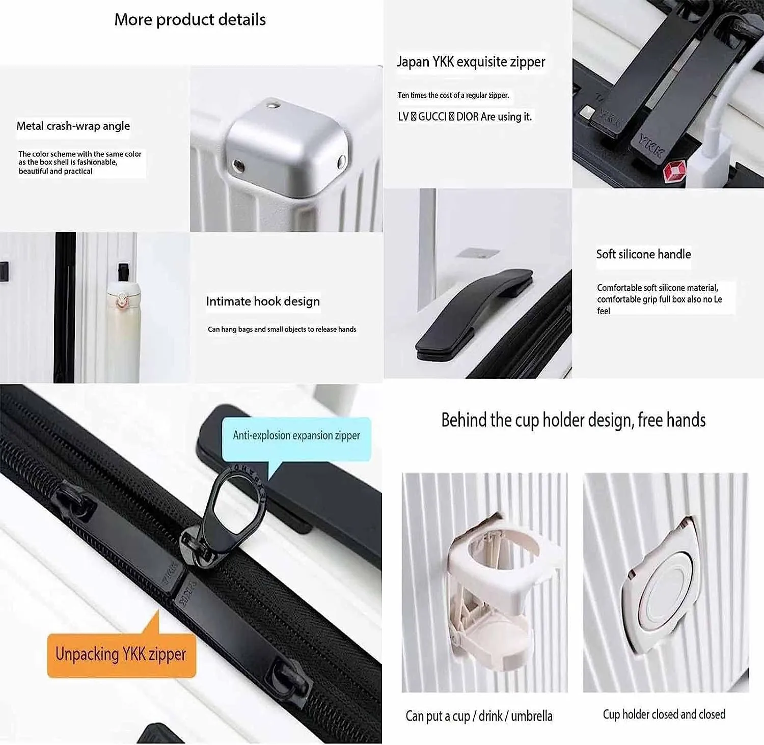 Portable Suitcase Expandable Carry On Luggage Suitcases with Wheels with USB Port and Cup Holder Design TSA Customs Lock Luggage (White 60 * 42 * 28CM)