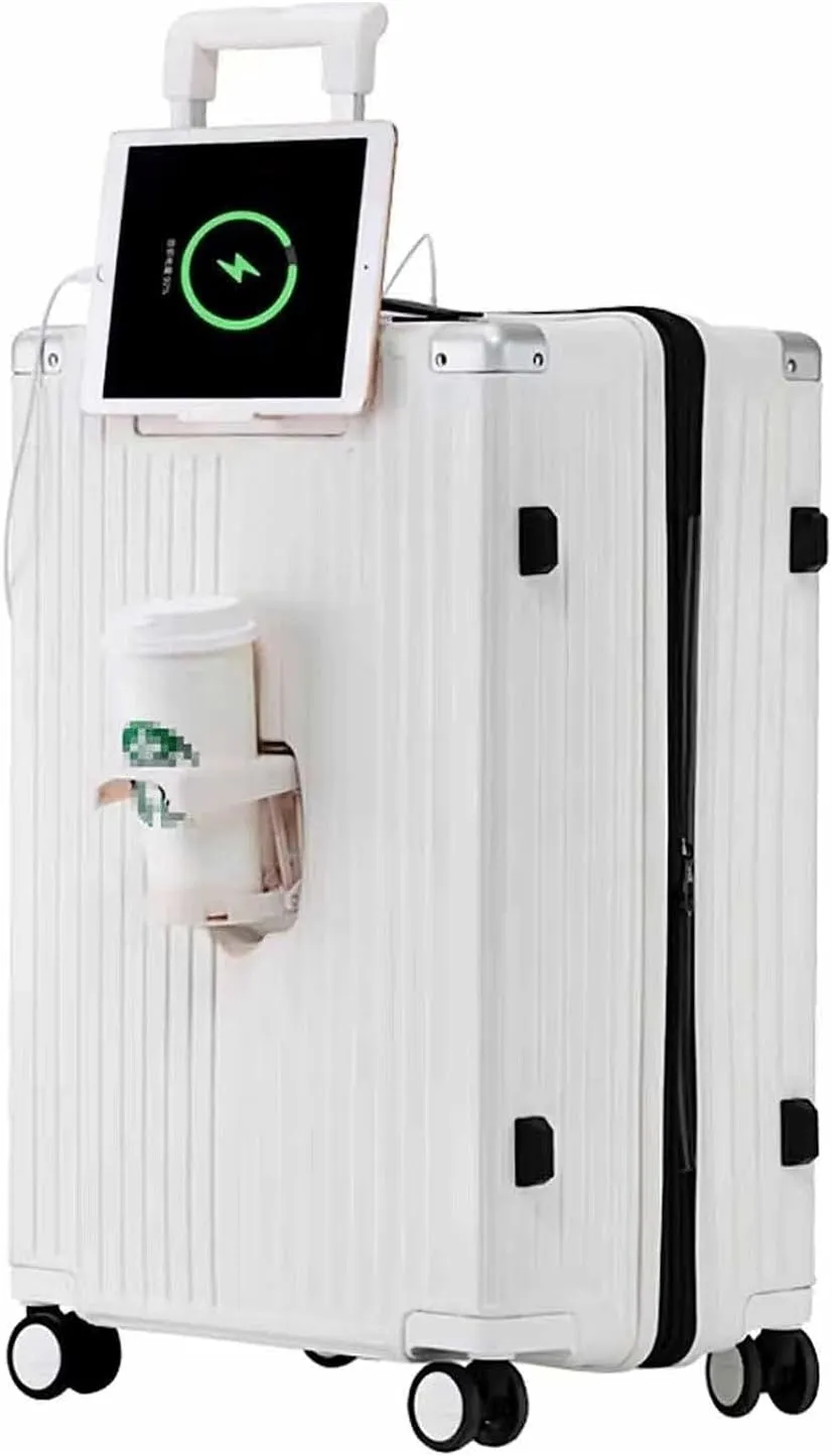 Portable Suitcase Expandable Carry On Luggage Suitcases with Wheels with USB Port and Cup Holder Design TSA Customs Lock Luggage (White 60 * 42 * 28CM)