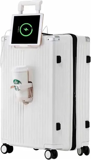Portable Suitcase Expandable Carry On Luggage Suitcases with Wheels with USB Port and Cup Holder Design TSA Customs Lock Luggage (White 60 * 42 * 28CM)