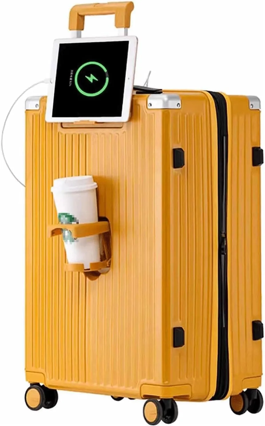 Portable Suitcase Expandable Carry On Luggage Suitcases with Wheels with USB Port and Cup Holder Design TSA Customs Lock Luggage (Yellow 60 * 42 * 28CM)