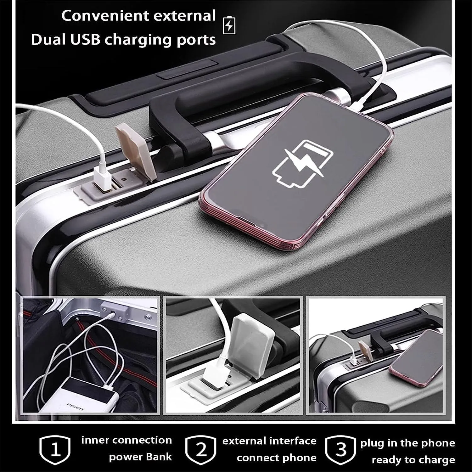 Portable Suitcase Suitcases with Spinner Wheels Carry On Luggage Dual USB Charging Ports Aluminum Frame Suitcase Large Capacity Luggage (Dark Blue 20 in)
