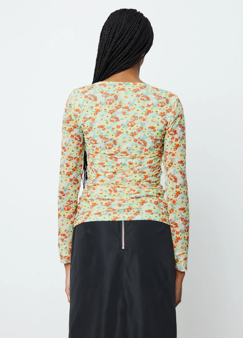 Printed Mesh Ruched Long Sleeve Blouse