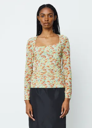 Printed Mesh Ruched Long Sleeve Blouse
