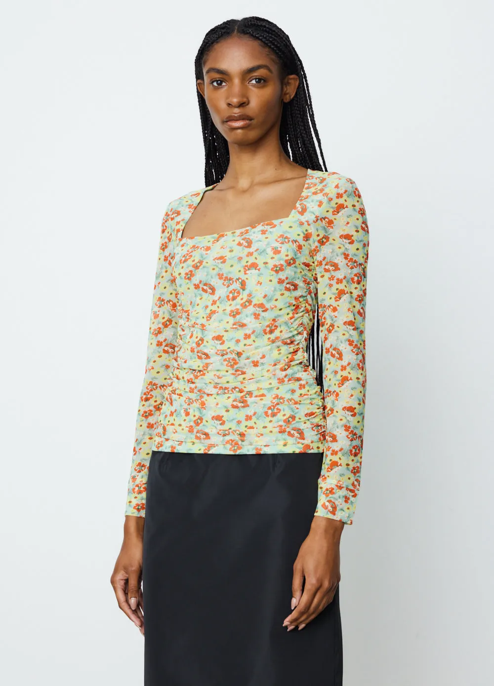 Printed Mesh Ruched Long Sleeve Blouse