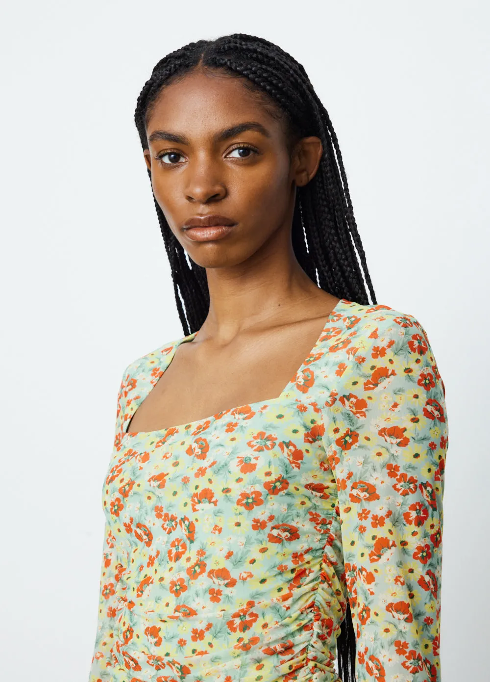 Printed Mesh Ruched Long Sleeve Blouse