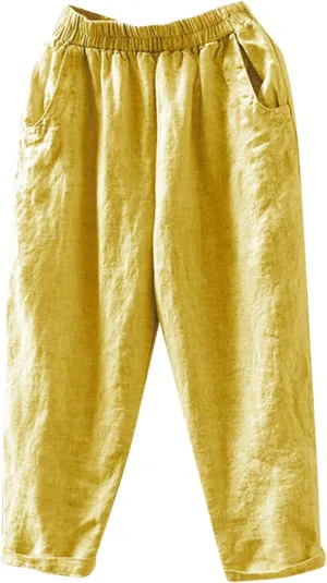PTOLOCIF Cotton Linen Pants Women,Casual Cotton Linen Pants Lightweight Elastic Waist Pant Summer Lounge Drawstring Pants