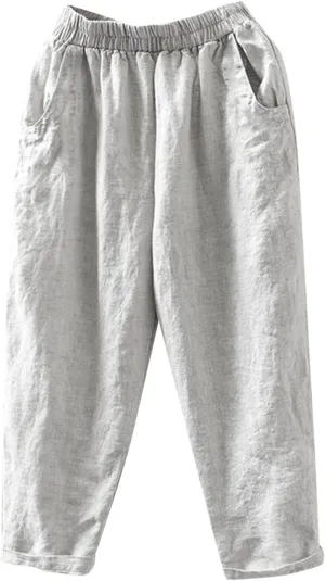 PTOLOCIF Cotton Linen Pants Women,Casual Cotton Linen Pants Lightweight Elastic Waist Pant Summer Lounge Drawstring Pants
