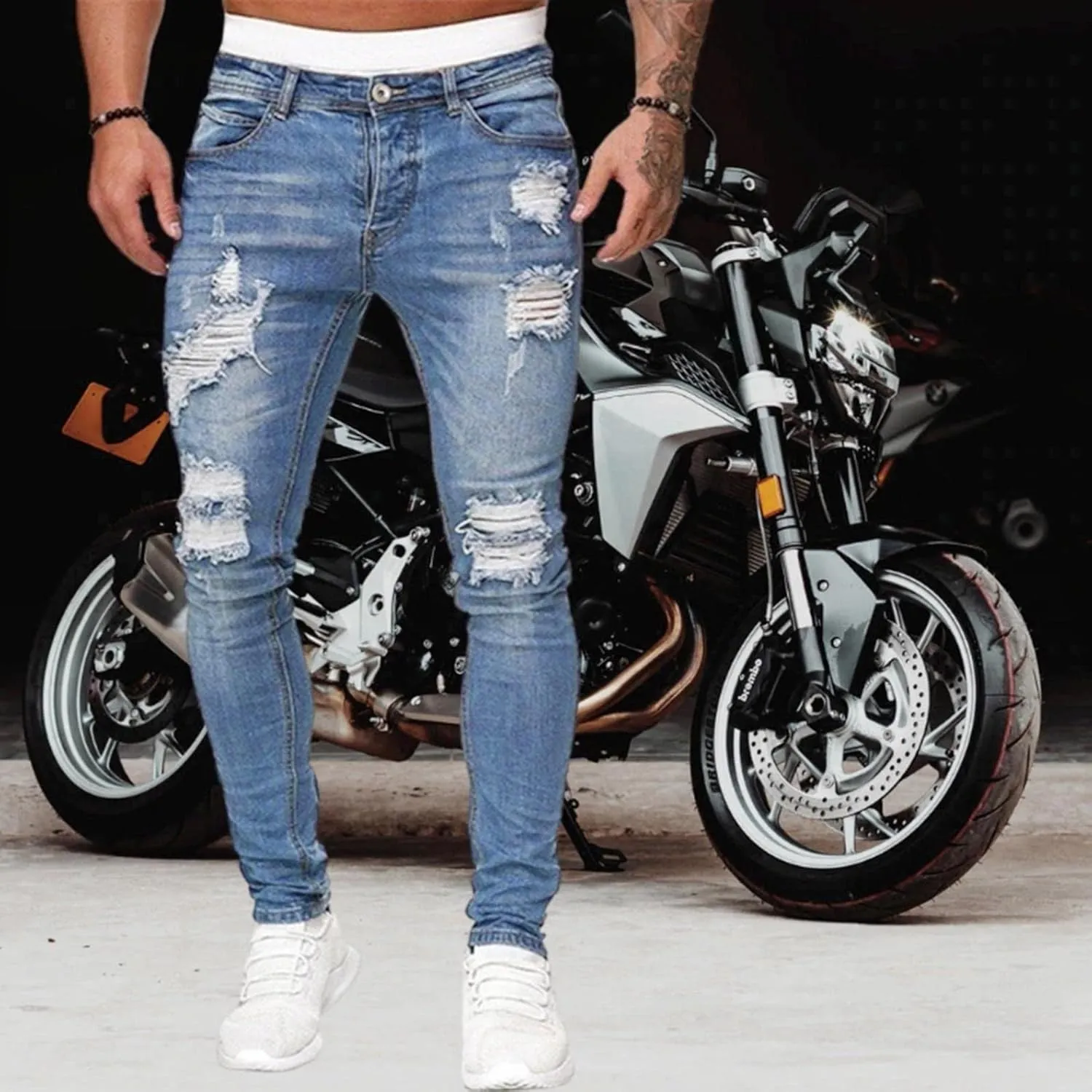 QWENTMTNTY Men's Ripped Skinny Jeans Stretch Slim Fit Big & Tall Cargo Pants Fashion Distressed Hole Tapered Straight Jeans