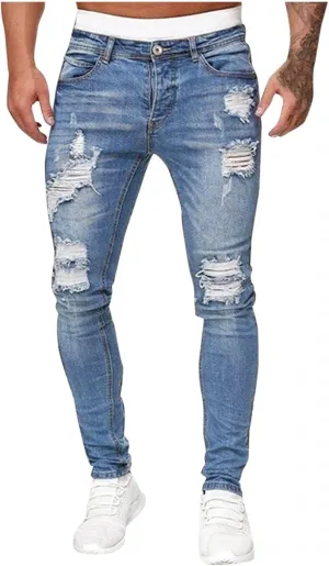 QWENTMTNTY Men's Ripped Skinny Jeans Stretch Slim Fit Big & Tall Cargo Pants Fashion Distressed Hole Tapered Straight Jeans