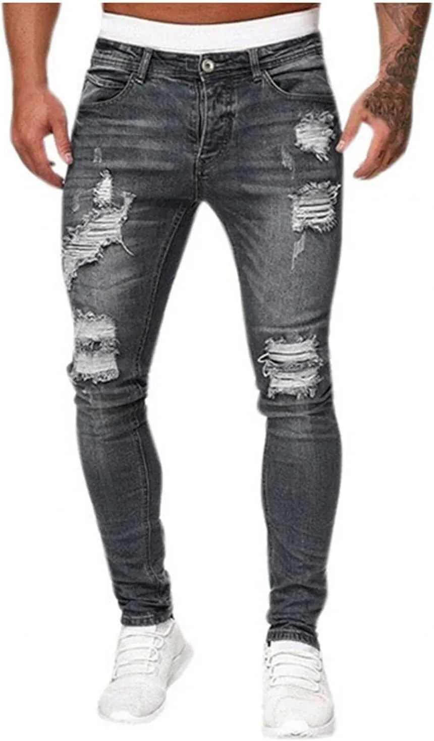 QWENTMTNTY Men's Ripped Skinny Jeans Stretch Slim Fit Big & Tall Cargo Pants Fashion Distressed Hole Tapered Straight Jeans