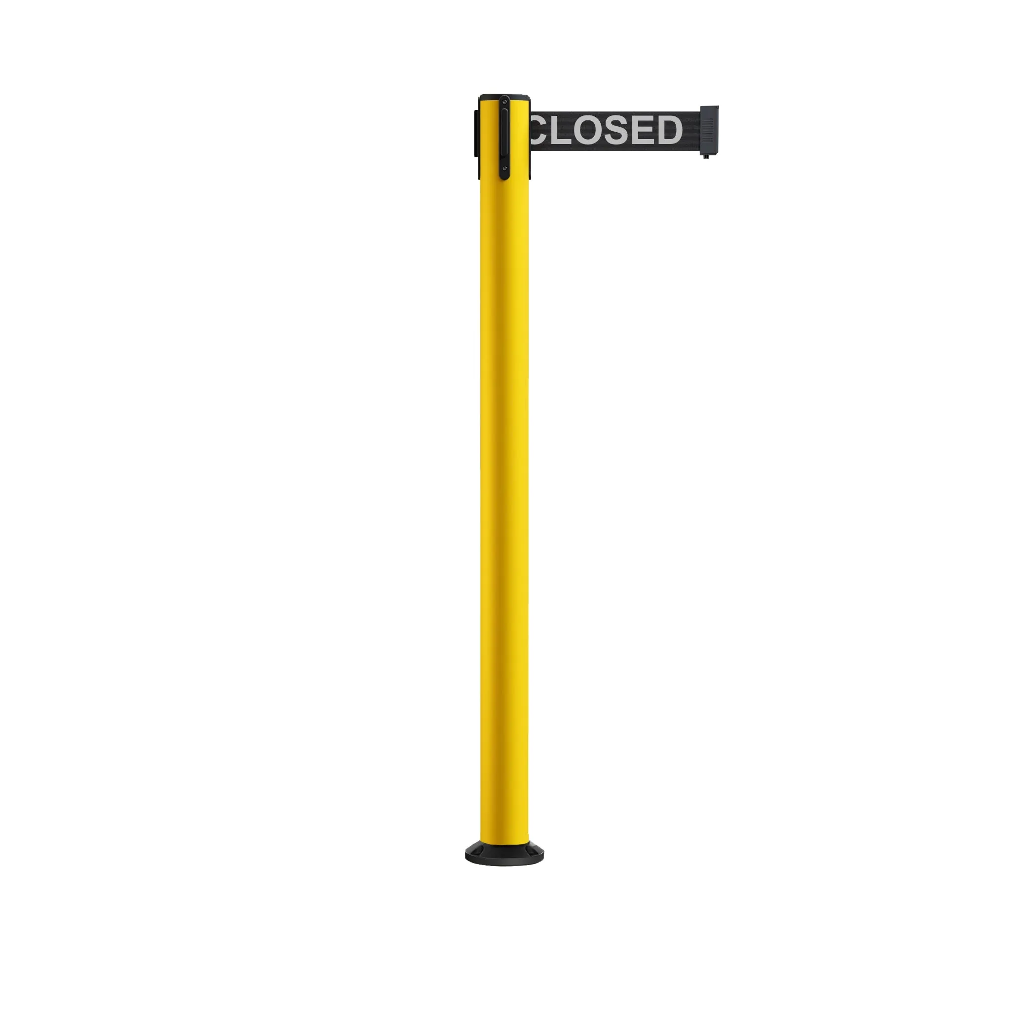 Retractable Belt Barrier Safety Stanchion, Fixed Base, Yellow Post, 7.5 Ft. Belt - Montour Line MSX630F