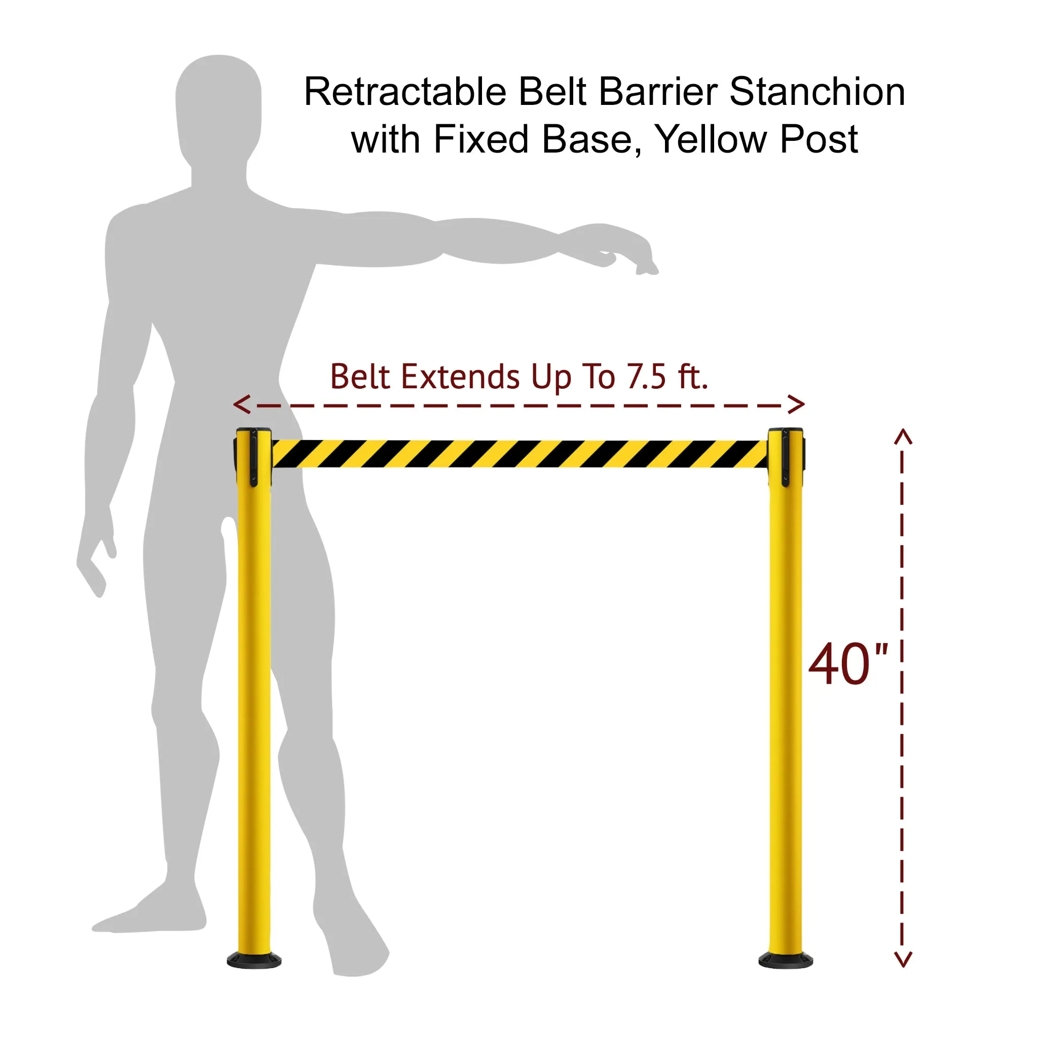 Retractable Belt Barrier Safety Stanchion, Fixed Base, Yellow Post, 7.5 Ft. Belt - Montour Line MSX630F