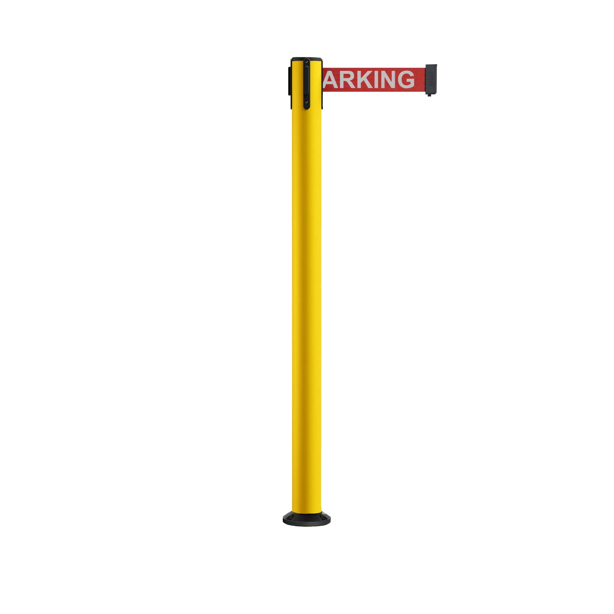 Retractable Belt Barrier Safety Stanchion, Fixed Base, Yellow Post, 7.5 Ft. Belt - Montour Line MSX630F