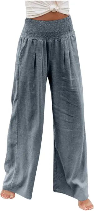 RKSTN High Waisted Cotton Linen Pants for Women Lounge Wide Leg Palazzo Trousers Summer Work Casual Baggy Pant with Pockets