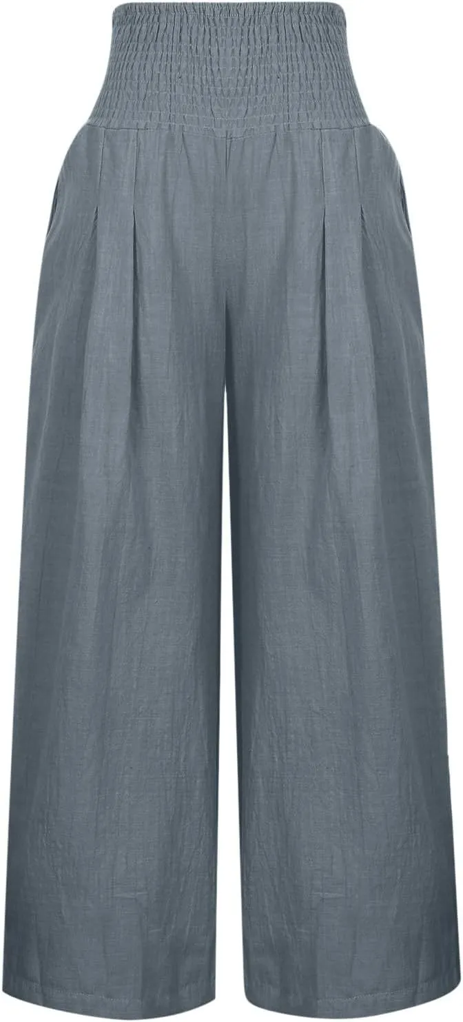 RKSTN High Waisted Cotton Linen Pants for Women Lounge Wide Leg Palazzo Trousers Summer Work Casual Baggy Pant with Pockets