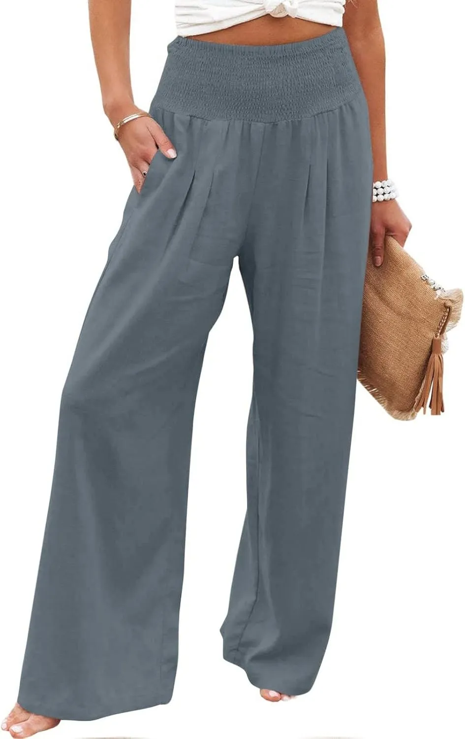 RKSTN High Waisted Cotton Linen Pants for Women Lounge Wide Leg Palazzo Trousers Summer Work Casual Baggy Pant with Pockets