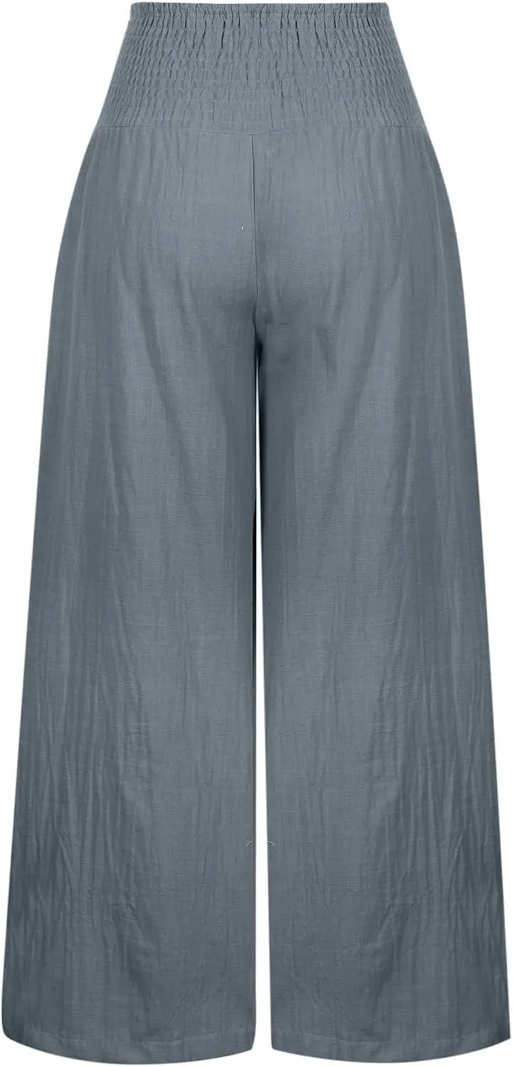 RKSTN High Waisted Cotton Linen Pants for Women Lounge Wide Leg Palazzo Trousers Summer Work Casual Baggy Pant with Pockets