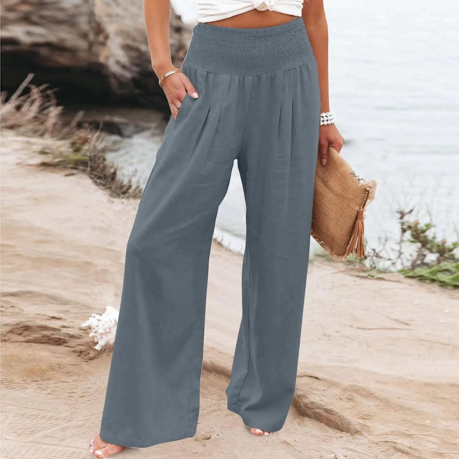 RKSTN High Waisted Cotton Linen Pants for Women Lounge Wide Leg Palazzo Trousers Summer Work Casual Baggy Pant with Pockets