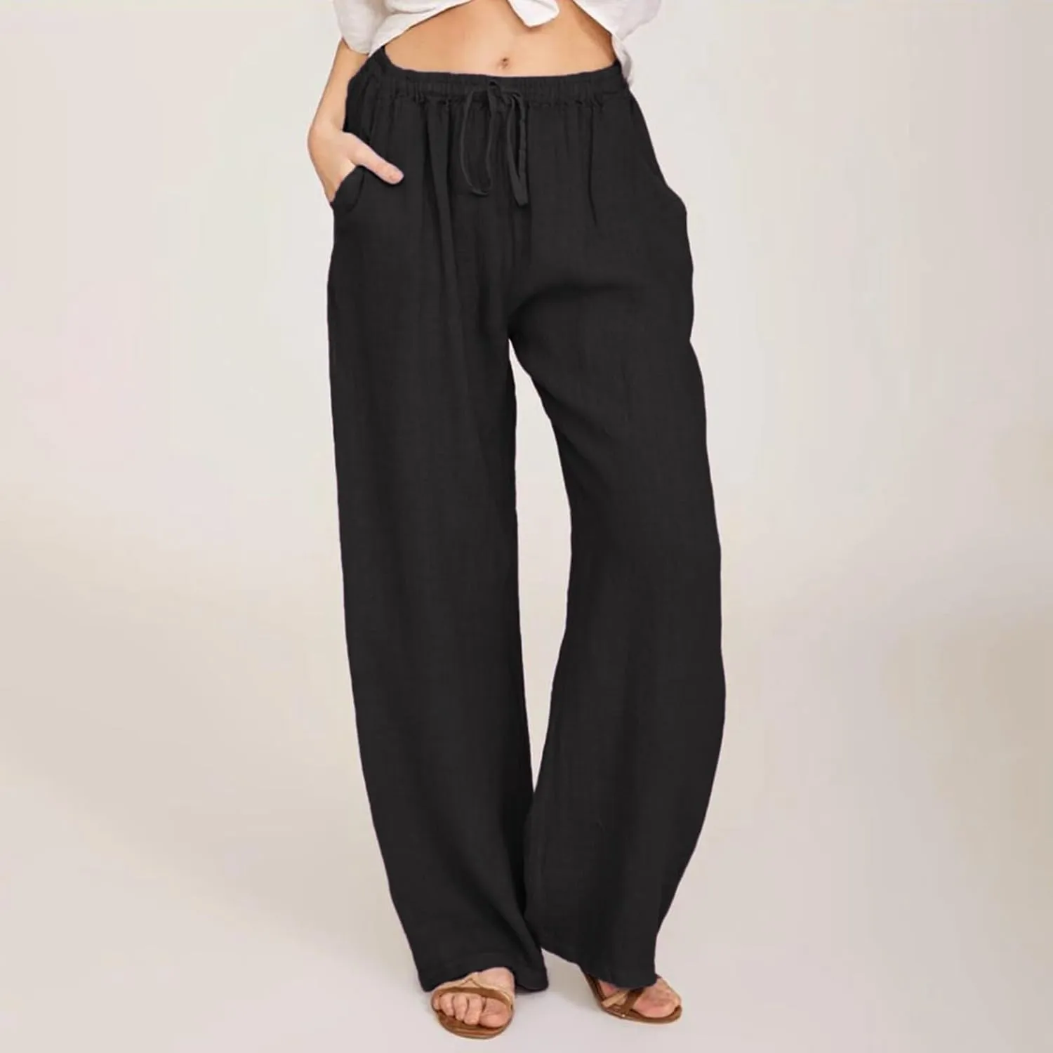sdbrld Womens Cotton Linen Pants Casual Wide Leg Elastic Waisted Drawsting Trousers Summer Loose Comfy Pants with Pocket