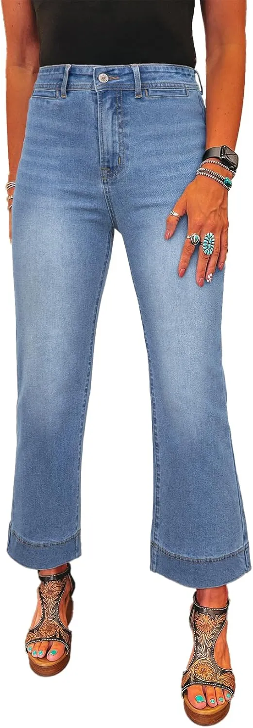 SHEWIN Wide Leg Jeans for Women Trendy High Waisted Flare Jeans Stretchy Straight Leg Ankle Denim Pants with Pockets