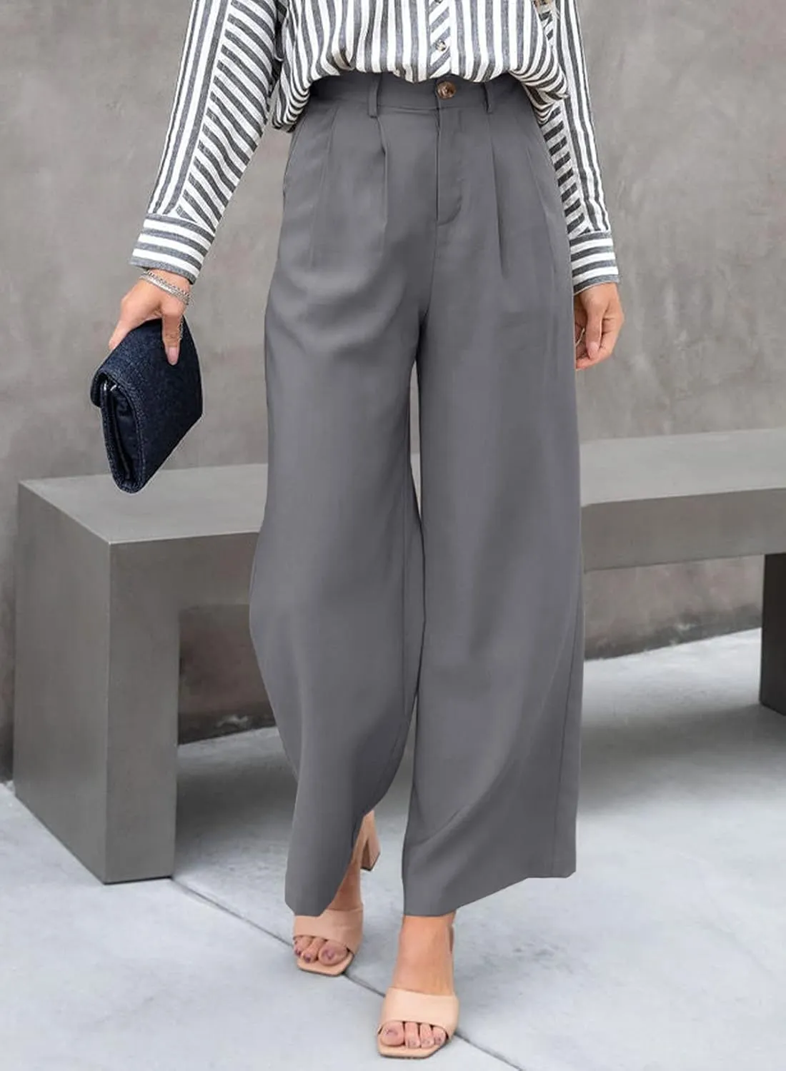 SHIPE Womens Casual Wide Leg Flowy Pants Elastic Waist Work Office Pants Pants with Pockets, S-XL