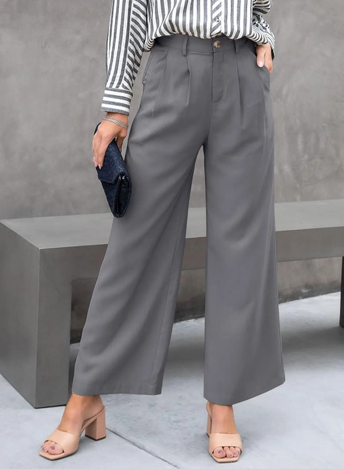 SHIPE Womens Casual Wide Leg Flowy Pants Elastic Waist Work Office Pants Pants with Pockets, S-XL