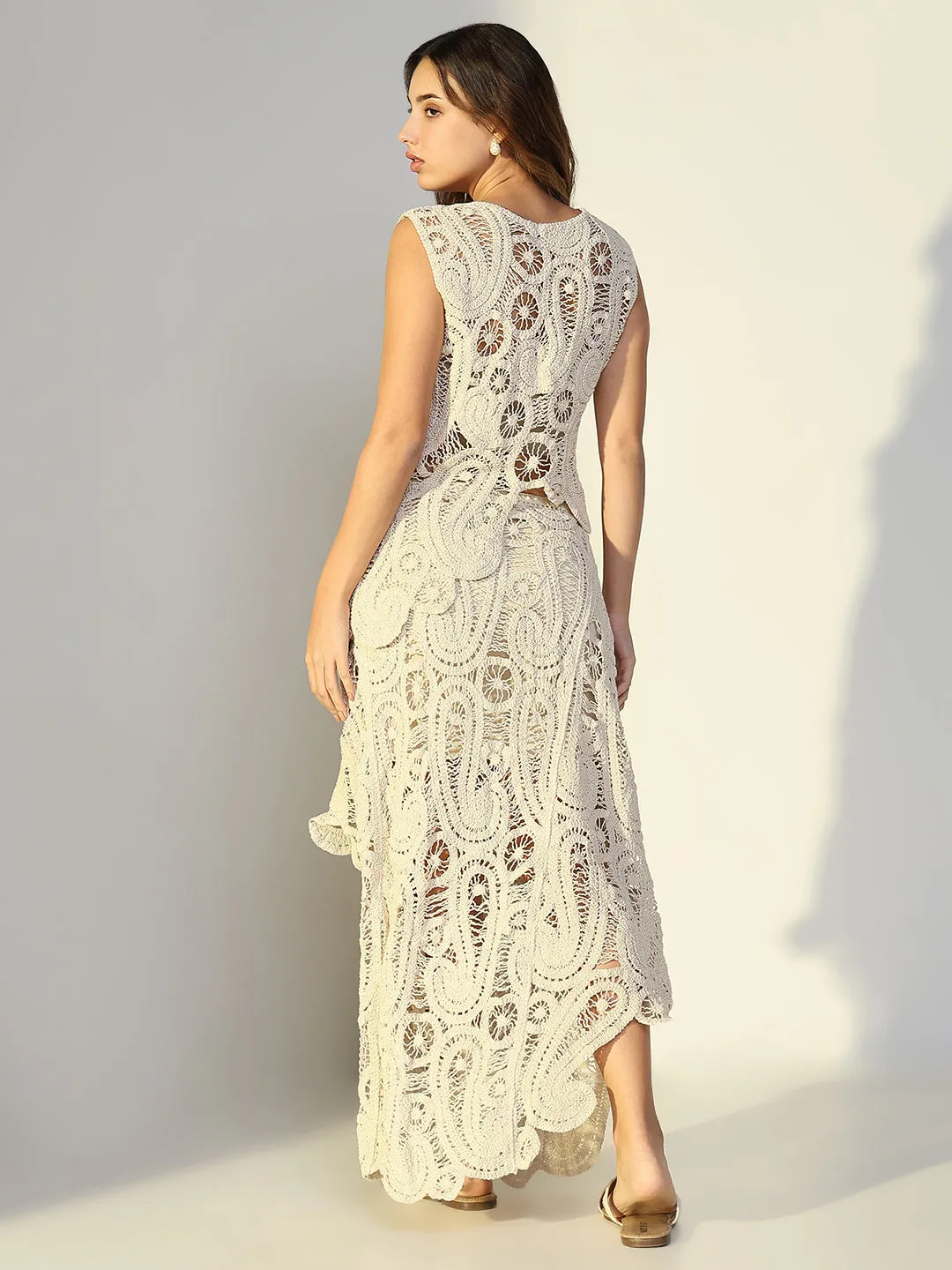 SHOWOFFFF Edition Women's Embroidered Cream Crochet Skirt Co-Ords Set