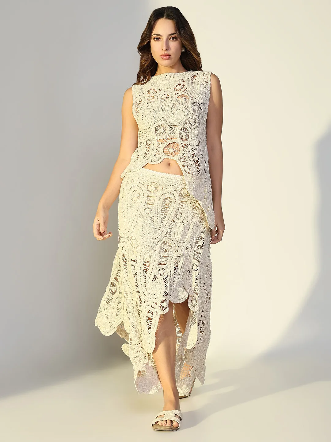 SHOWOFFFF Edition Women's Embroidered Cream Crochet Skirt Co-Ords Set