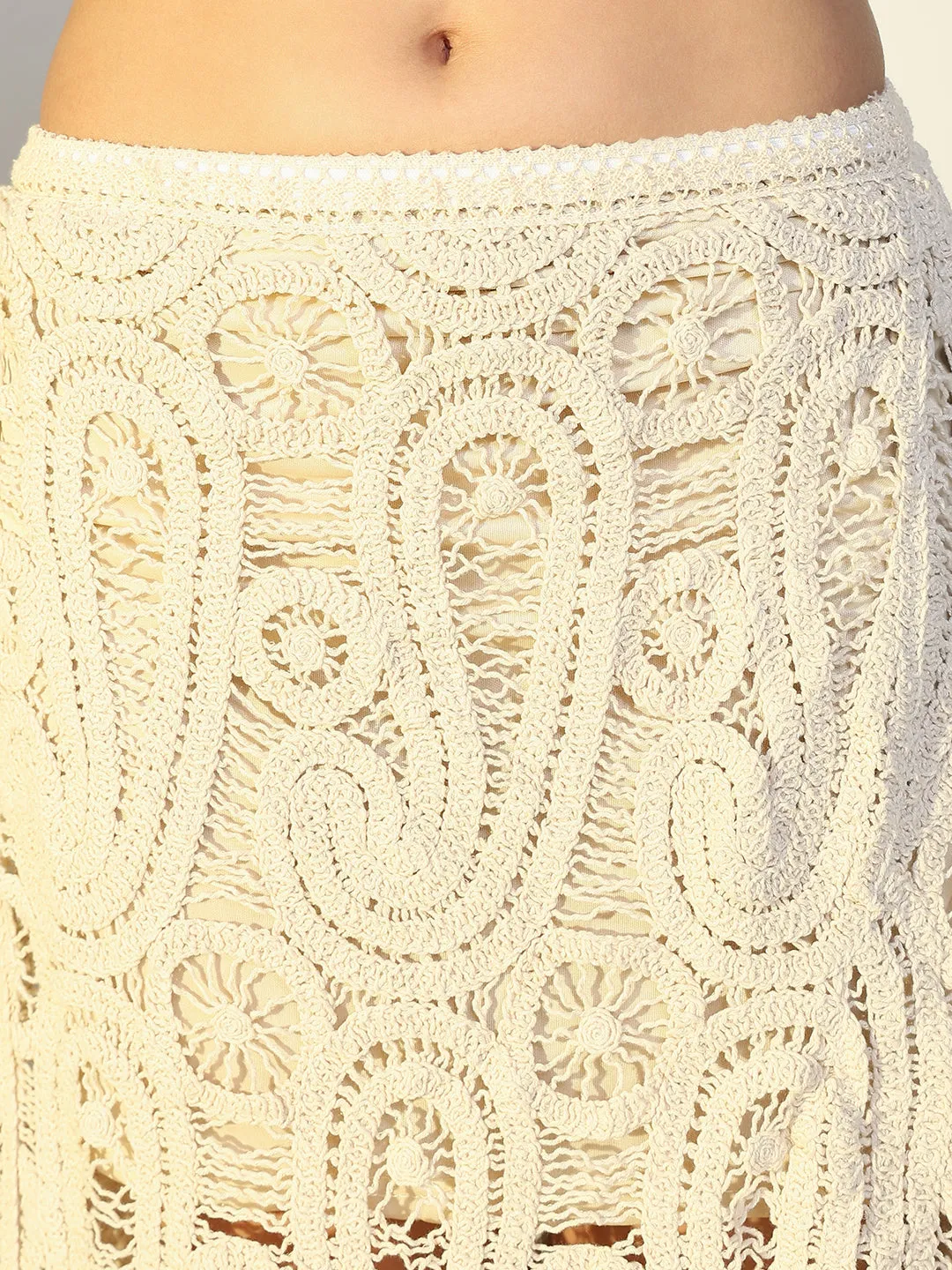 SHOWOFFFF Edition Women's Embroidered Cream Crochet Skirt Co-Ords Set