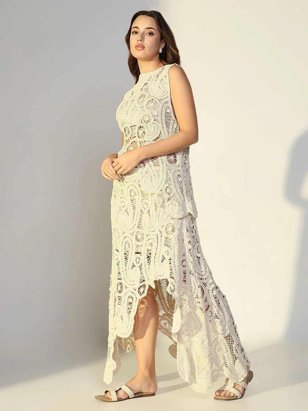 SHOWOFFFF Edition Women's Embroidered Cream Crochet Skirt Co-Ords Set